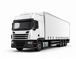 White Semi-Truck with Box Trailer on White Background - Modern Freight Transport