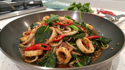 Stir fried squid with basil and chili peppers thai food recipe delicious seafood dish asian cuisine...
