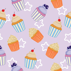 Seamless colorful cupcake pattern. Vector design Illustration. For paper, textile, bakery branding, etc.	
