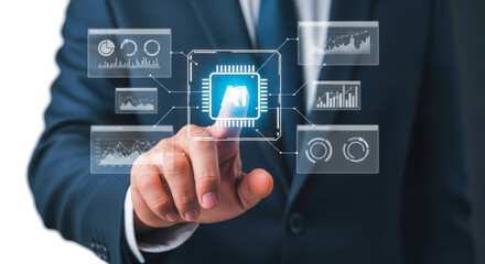 Businessman's hand touching A I interface with data charts and graphs on a white background artificial