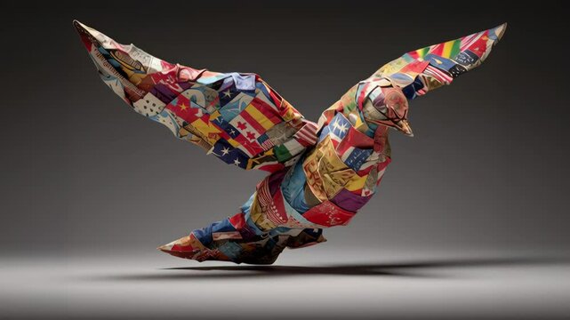Origami Dove Formed from Nations� Flags Flies for Peace