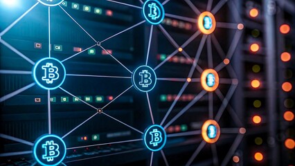 Digital bitcoin blockchain network with glowing connections and cryptocurrency mining servers
