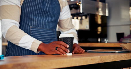 Food truck, entrepreneur and hands with coffee, startup or waiter with apron, hospitality or retail. Cafe, person and barista with hot beverage for order, small business and serving caffeine in shop