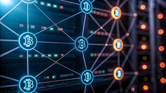 Digital bitcoin blockchain network with glowing connections and cryptocurrency mining servers
