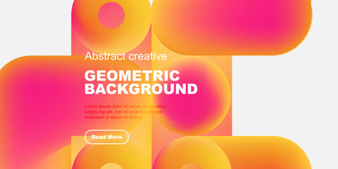 Vibrant abstract shapes overlap, creating dynamic colorful background. Text elements present design concept, button included.