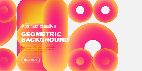 Vibrant geometric shapes overlap, creating dynamic abstract background. Warm colors dominate design, with text overlay present.