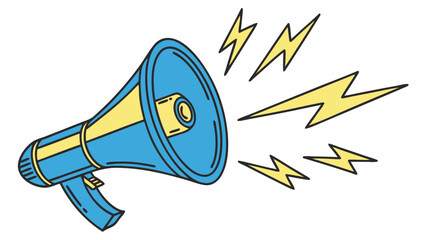 Bright blue and yellow cartoon megaphone emitting powerful sound waves and lightning bolts against a white background