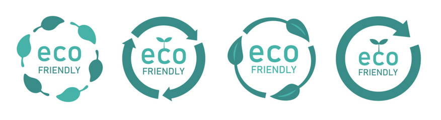 eco friendlyと書かれたサークル型のアイコンセット（エコ 環境 サステナブル 表示マーク ベクター）