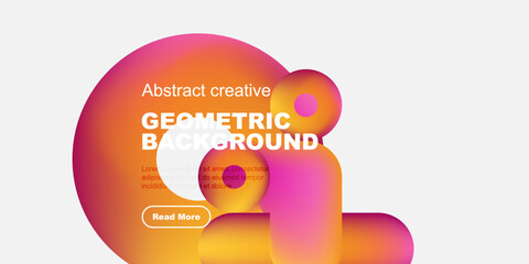 Abstract geometric shapes, vibrant colors, white space. Modern design with text overlay, button included. Minimalist aesthetic.