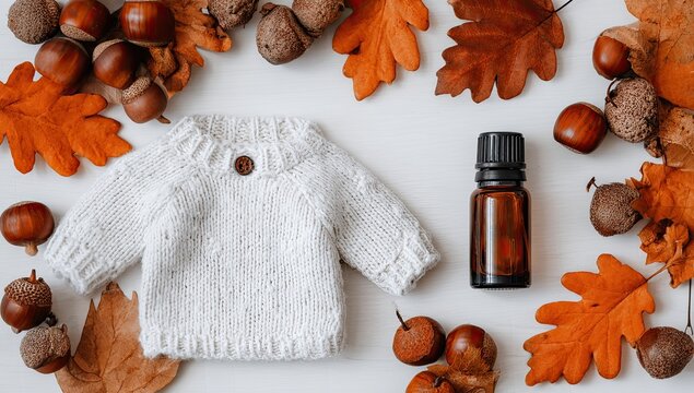 Small white knit sweater, amber bottle, and fall leaves on white background