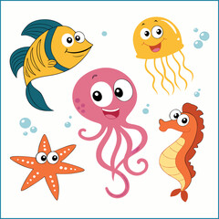 Naklejka premium Hand drawn flat design sea animals collection