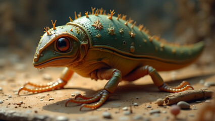 Detailed artistic rendering of an armored fantasy lizard with intricate decorations and vibrant colors, standing on earthy ground