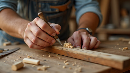 Close-up of a craftsman meticulously carving wood using hand tools showcasing artisanal woodworking with precision and skill