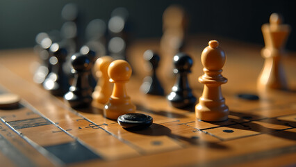 A Challenging Chess Game in Progress Featuring Black and White Pieces on a Classic Board