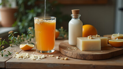 Invigorating orange juice creation with natural soaps and soy milk offers a refreshing experience