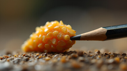 Macro shot revealing the intricate details of snail eggs beside pencil on soil ground