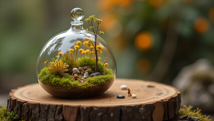 Enchanting miniature terrarium showcasing a tiny world with delicate flora on a rustic wooden base creating a whimsical atmosphere