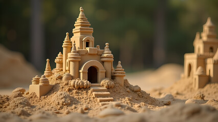 Intricate sandcastles showcase the artistic talent and creativity on a sunny summer day, creating magical miniature architecture