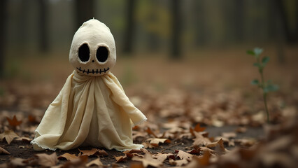Spooky ghost in the autumn woods with falling leaves ready for the halloween season