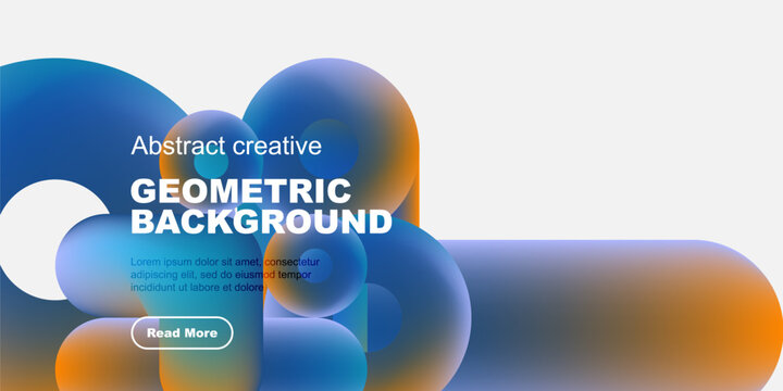 Abstract shapes, vibrant colors, geometric design. Text overlay presents background information, includes call to action button. Minimalist aesthetic.