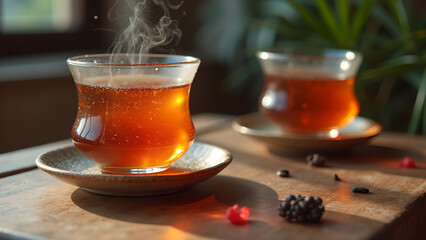 Embrace the warming tradition: A serene moment with aromatic tea shared on a wooden table