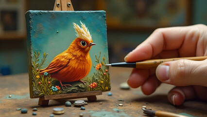 A creative hand delicately adds final touches to a vibrant bird painting on a miniature canvas