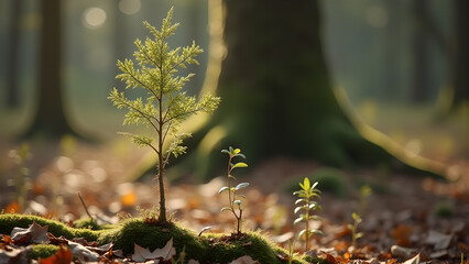 A captivating view of a young sapling tree growing in the forest with filtered sunlight creating a magical forest atmosphere