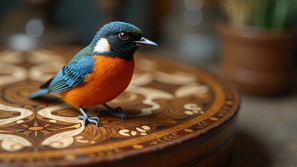 Captivating portrait of a colorful rufous-bellied niltava perched on a beautifully inlaid wooden surface with elegant designs