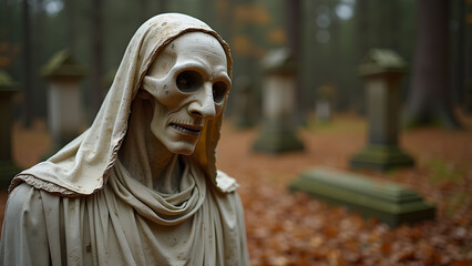 Mysterious hooded figure statue in a cemetery shrouded in autumn leaves and forest background