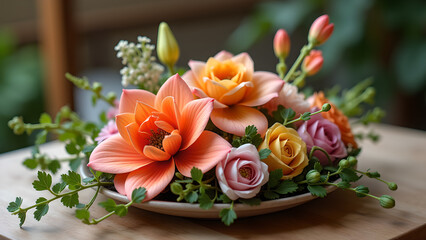 Elegant floral arrangement featuring peach dahlias and roses in a romantic and delicate display, vibrant hues