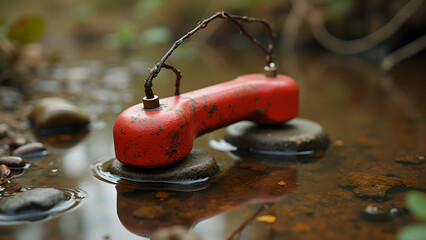 Lost communication: Red vintage telephone receiver resting on stones in a shallow creek representing disconnection