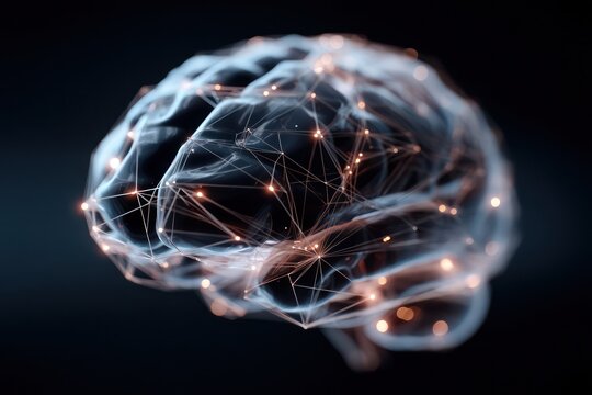 Digital rendering of the human brain through glowing lines, showcasing neural network technologies.