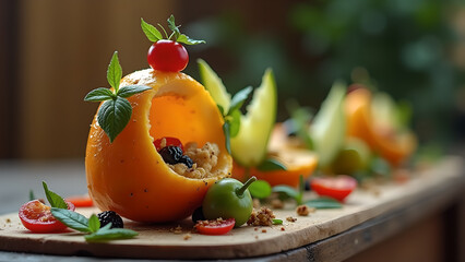 Artistic fruit arrangement featuring an orange centerpiece filled with granola and decorated with berries