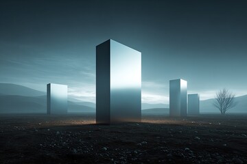 Metallic monoliths in a misty, desolate landscape