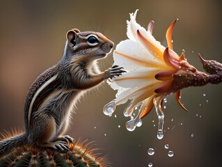 Fototapeta premium Chipmunk drinking water from cactus flower macro photography wildlife nature animal art