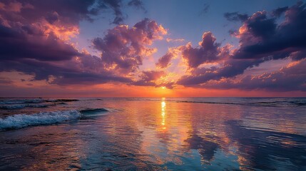 Vibrant sunset over the ocean with dramatic clouds and glowing reflections, natural seascape ideal for romantic, peaceful, or emotional design backdrops