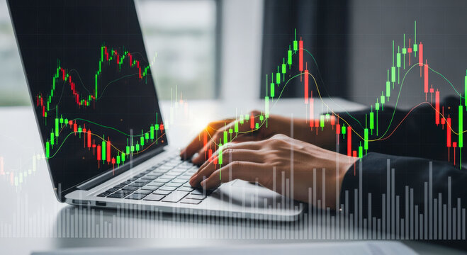 Person using laptop displaying stock market data with green and red candlestick charts computer screen
