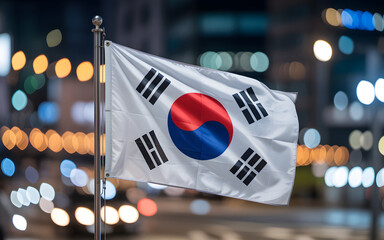 South Korean Flag Waving at Night: Symbol of National Identity and Urban Vibrancy Amidst City Lights