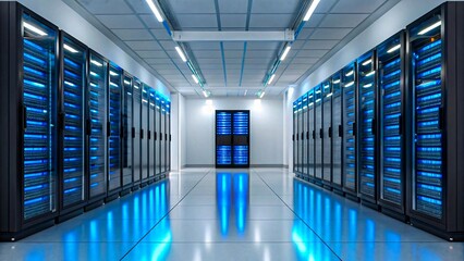 Modern data center with rows of glowing server racks and blue lighting in secure facility
