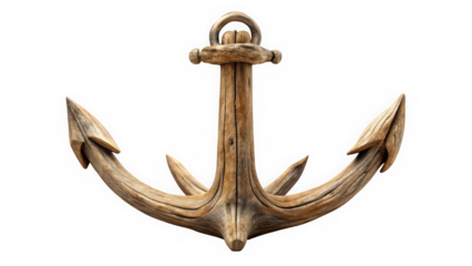 A rustic wooden anchor showcasing intricate carvings and a weathered texture, perfect for marine-themed decorations or nautical designs.