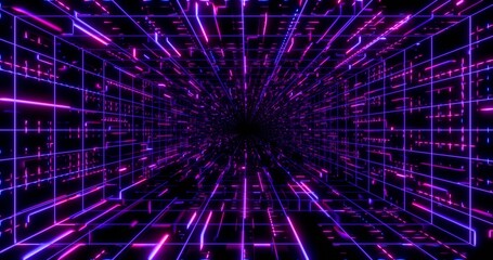 Futuristic glowing neon waving rays background. Shining geometric purple grid and lines inside corridor in perspective. Bright retro digital cyberspace. 3D rendering.
