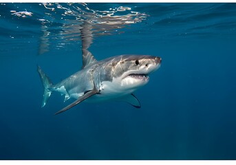 An impressive underwater view of a massive white shark with visible teeth.

