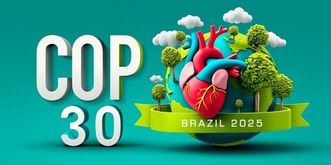 A 3D heart wrapped in trees and COP30 text promotes climate health