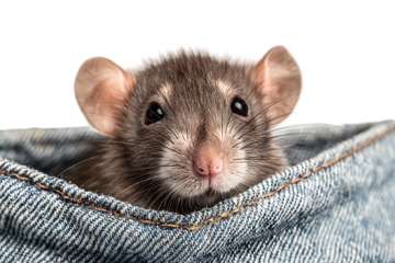 Cute rat peeking out of a jeans pocket.