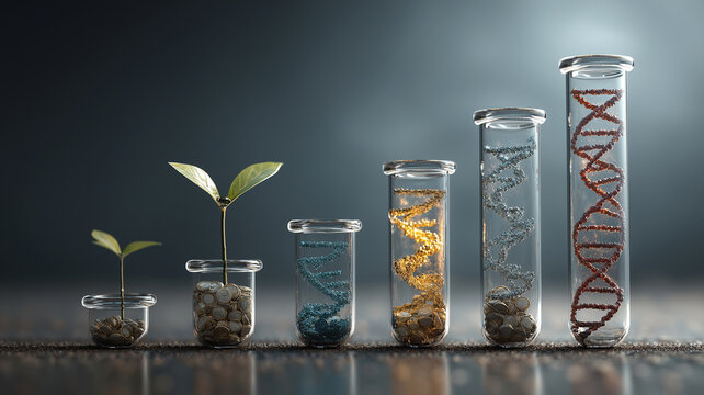 Series of glass vials containing coins, plants, and DNA strands symbolizes growth and evolution of biotechnology investments and scientific advancements