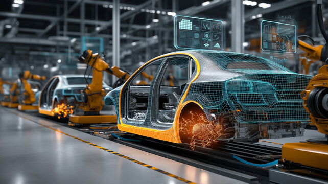 Futuristic car manufacturing assembly line features robotic arms working on vehicles with digital overlays, showcasing advanced technology and automation in modern factory setting