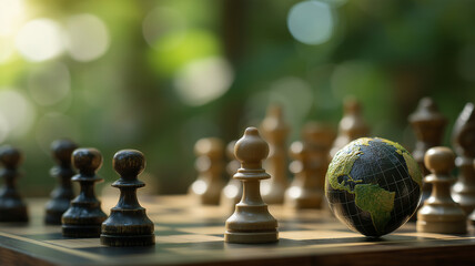 Chessboard with wooden pieces is set outdoors, featuring small globe as one of pieces, symbolizing global strategy and decision making. Sunlight filters through trees, creating serene atmosphere