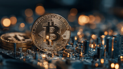 Golden Bitcoin coin standing on circuit board, symbolizing integration of digital currency with technology. background is blurred with glowing lights, creating futuristic atmosphere