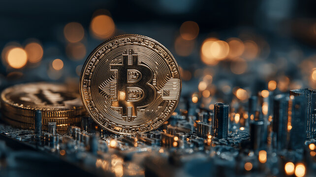 Golden Bitcoin coin standing on circuit board, symbolizing integration of digital currency with technology. background is blurred with glowing lights, creating futuristic atmosphere