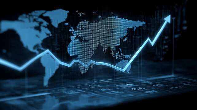 Glowing blue line graph rises sharply against digital world map, symbolizing global economic growth and increasing interest rates. futuristic design conveys sense of technological advancement